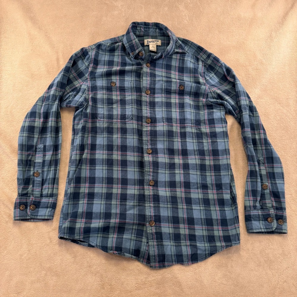 Duluth Trading Co Flannel Plaid Button Down Shirt 100% Cotton Blue Men Sz M - Picture 2 of 8